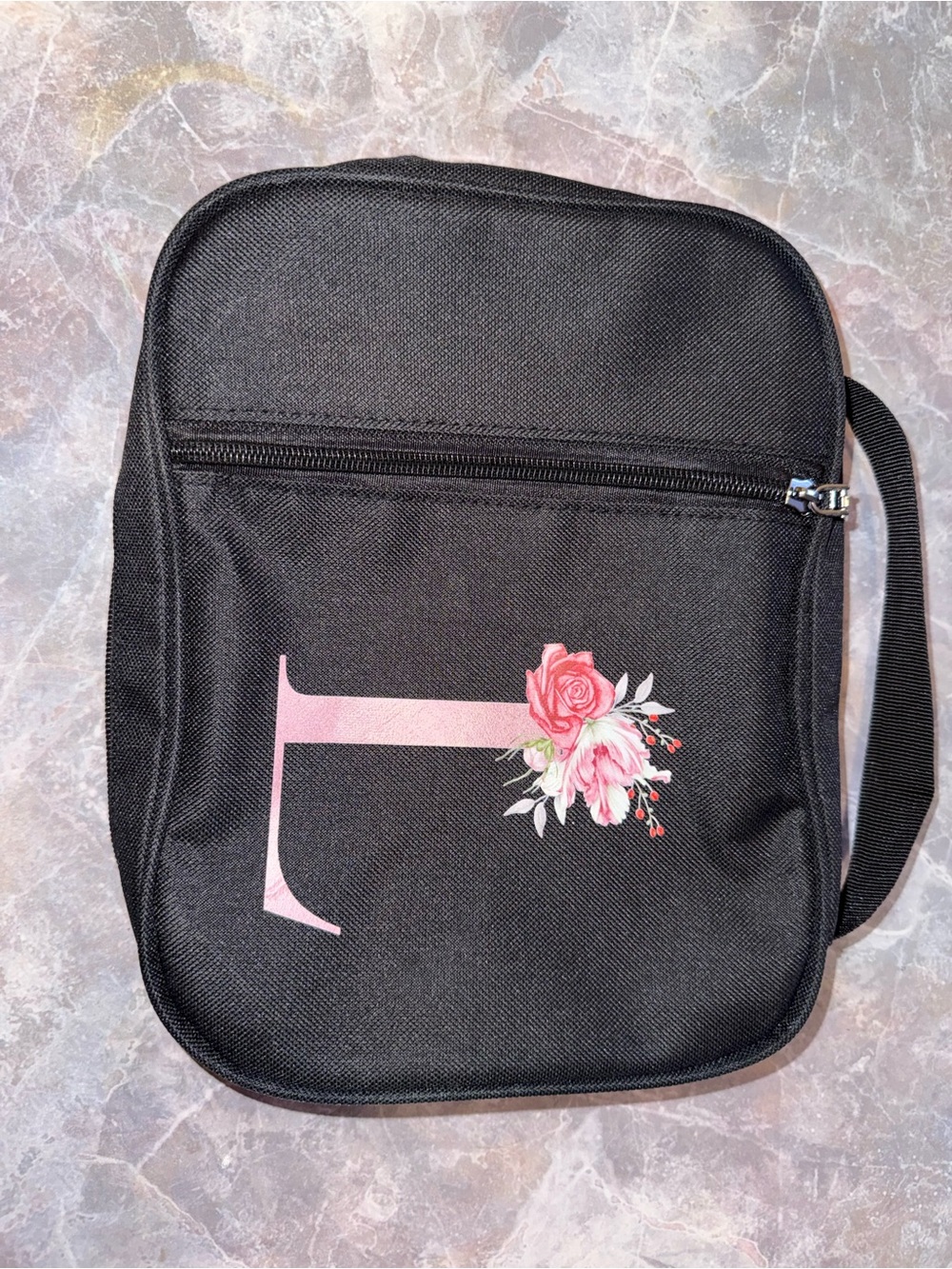 Black Floral Accent Bible Bag with Pink L Initial